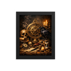 Vanitas still life with astrolabe and raven framed print on a plain backdrop in size 8"x10".