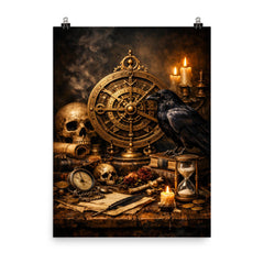 Vanitas still life with astrolabe and raven poster on a plain backdrop in size 8"x10".