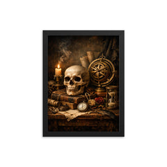 Vanitas still life with skull and astrolabe framed print on a plain backdrop in size 12"x16".
