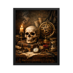 Vanitas still life with skull and astrolabe framed print on a plain backdrop in size 16"x20".