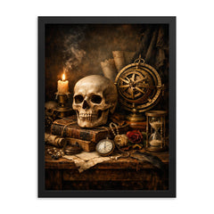 Vanitas still life with skull and astrolabe framed print on a plain backdrop in size 18"x24".