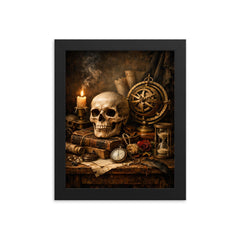 Vanitas still life with skull and astrolabe framed print on a plain backdrop in size 8"x10".