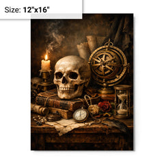 Vanitas still life with skull and astrolabe metal print on a plain backdrop in size 12"x16".