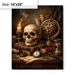 Vanitas still life with skull and astrolabe metal print on a plain backdrop in size 16"x20".