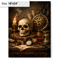 Vanitas still life with skull and astrolabe metal print on a plain backdrop in size 18"x24".