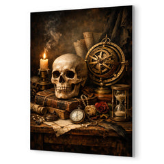 Vanitas still life with skull and astrolabe metal print mockup