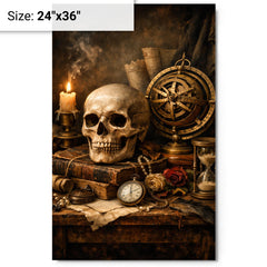Vanitas still life with skull and astrolabe metal print on a plain backdrop in size 24"x36".