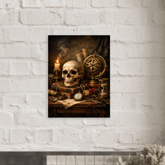 Vanitas still life with skull and astrolabe metal print mockup