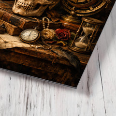 Vanitas still life with skull and astrolabe metal print mockup