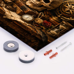 Vanitas still life with skull and astrolabe metal print mockup