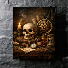 Vanitas still life with skull and astrolabe metal print mockup
