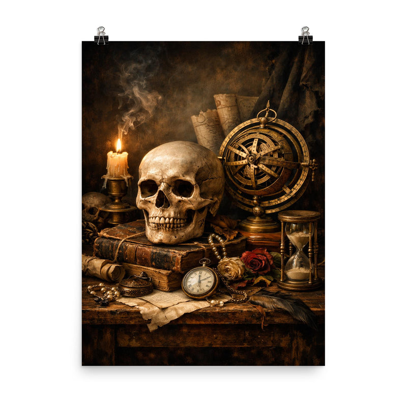 Vanitas still life with skull and astrolabe poster on a plain backdrop in size 8