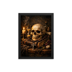 Vanitas still life with skull rosary hourglass framed print on a plain backdrop in size 12"x16".