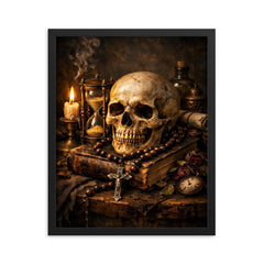 Vanitas still life with skull rosary hourglass framed print on a plain backdrop in size 16"x20".