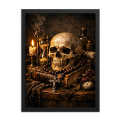 Vanitas still life with skull rosary hourglass framed print on a plain backdrop in size 18"x24".