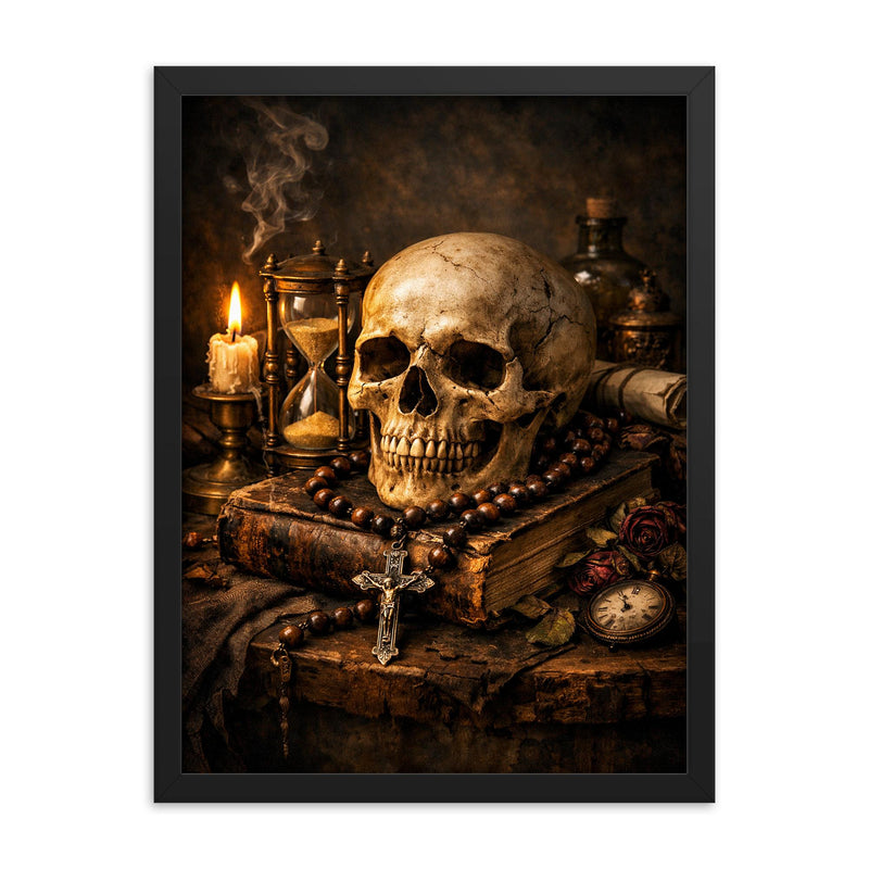 Vanitas still life with skull rosary hourglass framed print on a plain backdrop in size 18