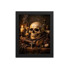 Vanitas still life with skull rosary hourglass framed print on a plain backdrop in size 8"x10".