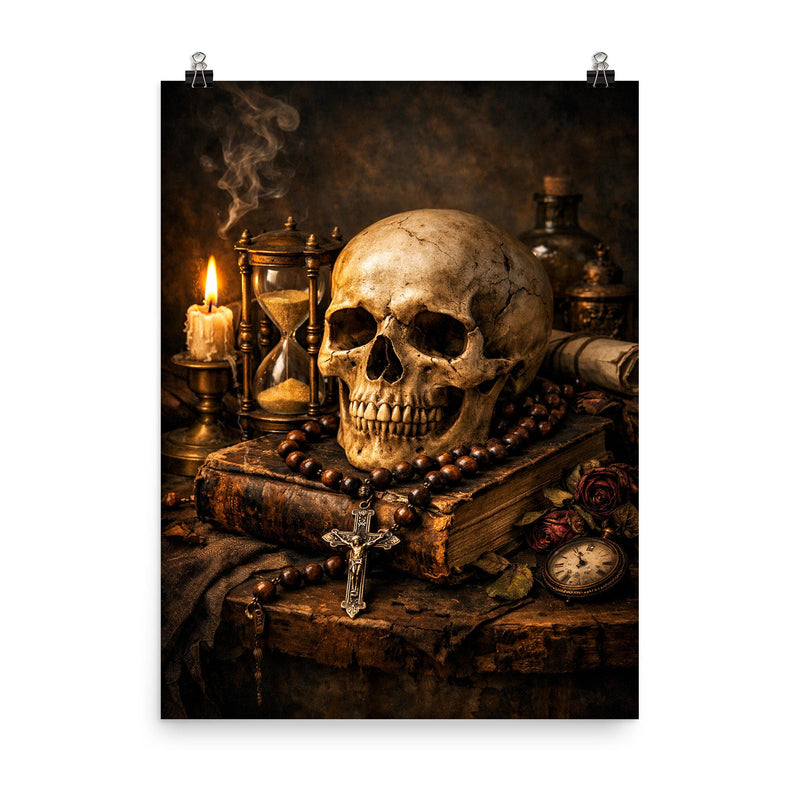 Vanitas still life with skull rosary hourglass poster on a plain backdrop in size 8