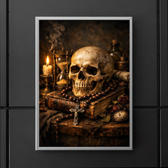 Vanitas still life with skull rosary hourglass poster 5