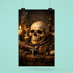 Vanitas still life with skull rosary hourglass poster 6