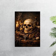 Vanitas still life with skull rosary hourglass poster 7