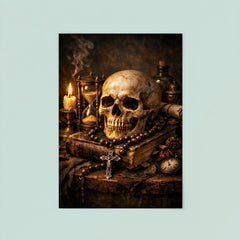 Vanitas still life with skull rosary hourglass poster 8