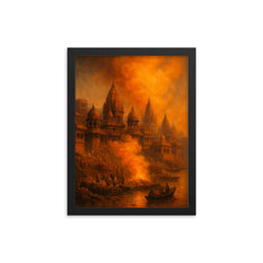 Varanasi cremation ghats and saffron smoke framed print on a plain backdrop in size 12"x16".