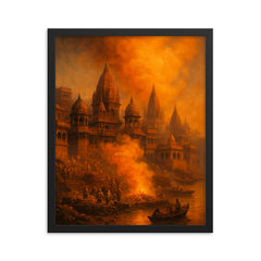 Varanasi cremation ghats and saffron smoke framed print on a plain backdrop in size 16"x20".