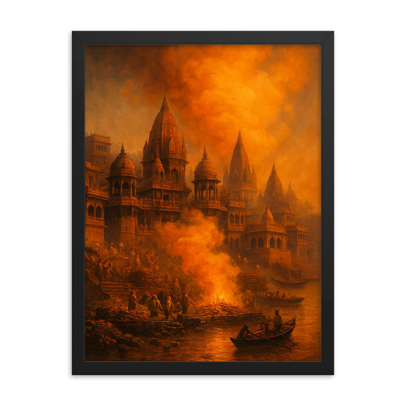 Varanasi cremation ghats and saffron smoke framed print on a plain backdrop in size 18