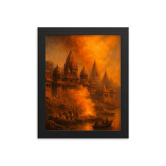 Varanasi cremation ghats and saffron smoke framed print on a plain backdrop in size 8"x10".