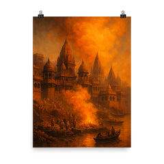 Varanasi cremation ghats and saffron smoke poster on a plain backdrop in size 8"x10".