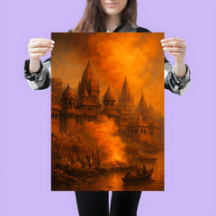 Varanasi cremation ghats and saffron smoke poster 3