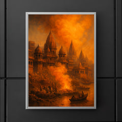 Varanasi cremation ghats and saffron smoke poster 5