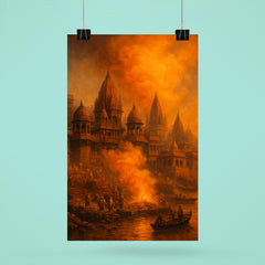 Varanasi cremation ghats and saffron smoke poster 6