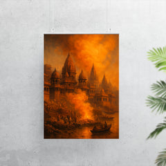 Varanasi cremation ghats and saffron smoke poster 7