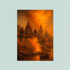 Varanasi cremation ghats and saffron smoke poster 8