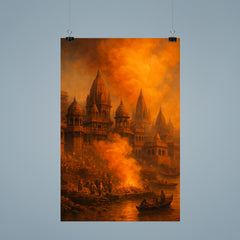 Varanasi cremation ghats and saffron smoke poster 9