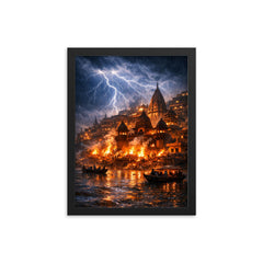 Varanasi cremation ghats in monsoon lightning framed print on a plain backdrop in size 12"x16".