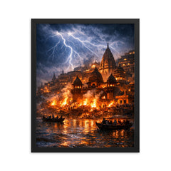Varanasi cremation ghats in monsoon lightning framed print on a plain backdrop in size 16"x20".