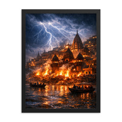 Varanasi cremation ghats in monsoon lightning framed print on a plain backdrop in size 18"x24".