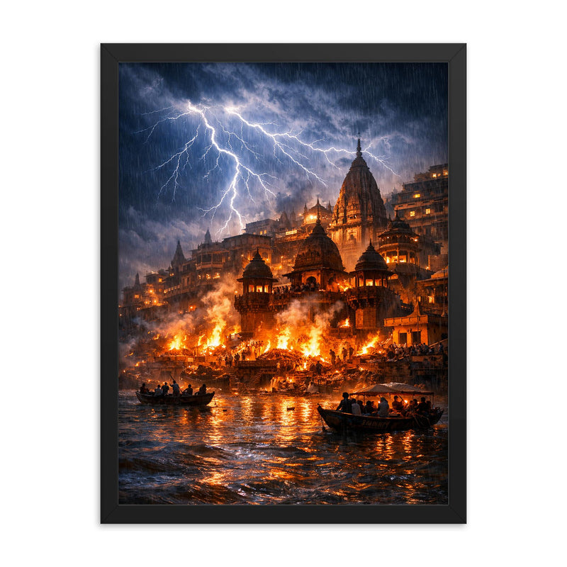 Varanasi cremation ghats in monsoon lightning framed print on a plain backdrop in size 18