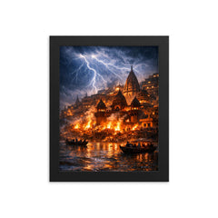 Varanasi cremation ghats in monsoon lightning framed print on a plain backdrop in size 8"x10".