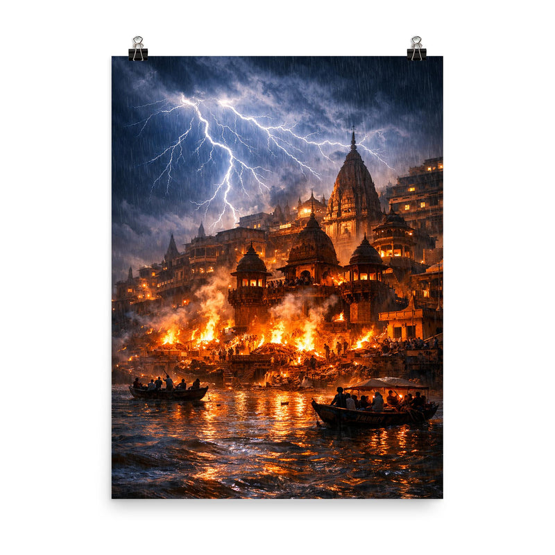 Varanasi cremation ghats in monsoon lightning poster on a plain backdrop in size 8