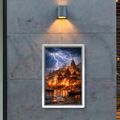 Varanasi cremation ghats in monsoon lightning poster 2