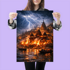Varanasi cremation ghats in monsoon lightning poster 3