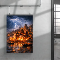 Varanasi cremation ghats in monsoon lightning poster 4