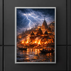 Varanasi cremation ghats in monsoon lightning poster 5