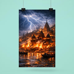 Varanasi cremation ghats in monsoon lightning poster 6