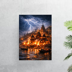 Varanasi cremation ghats in monsoon lightning poster 7