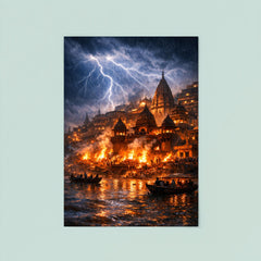 Varanasi cremation ghats in monsoon lightning poster 8